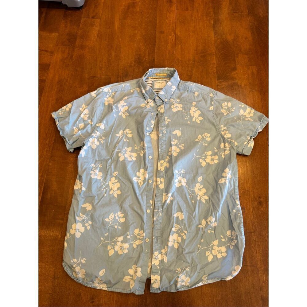 Denim & Flower Ricky Singh Mens Large Blue Floral Button Up Shirt Short Sleeve C